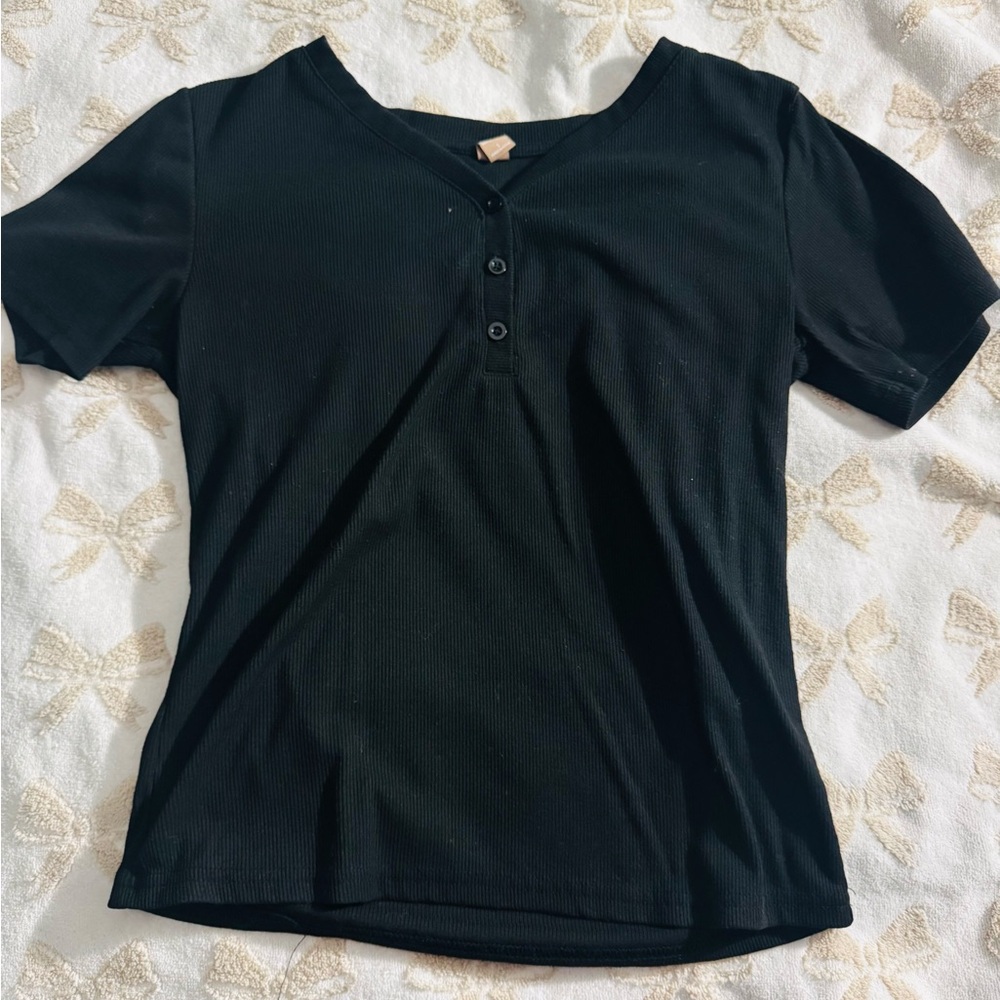Classic Black V-Neck Tee with Buttons